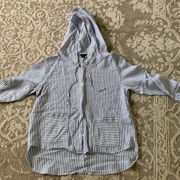 Tahari Blue Stripe Button Front Linen Shirt Hooded M nautical Lagenlook beach - Picture 4 of 10